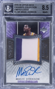 2005/06 UD "Exquisite Collection" Limited Logos #LLMA Magic Johnson Signed Game Used Patch Card (#24/50) – BGS NM-MT+ 8.5/BGS 10